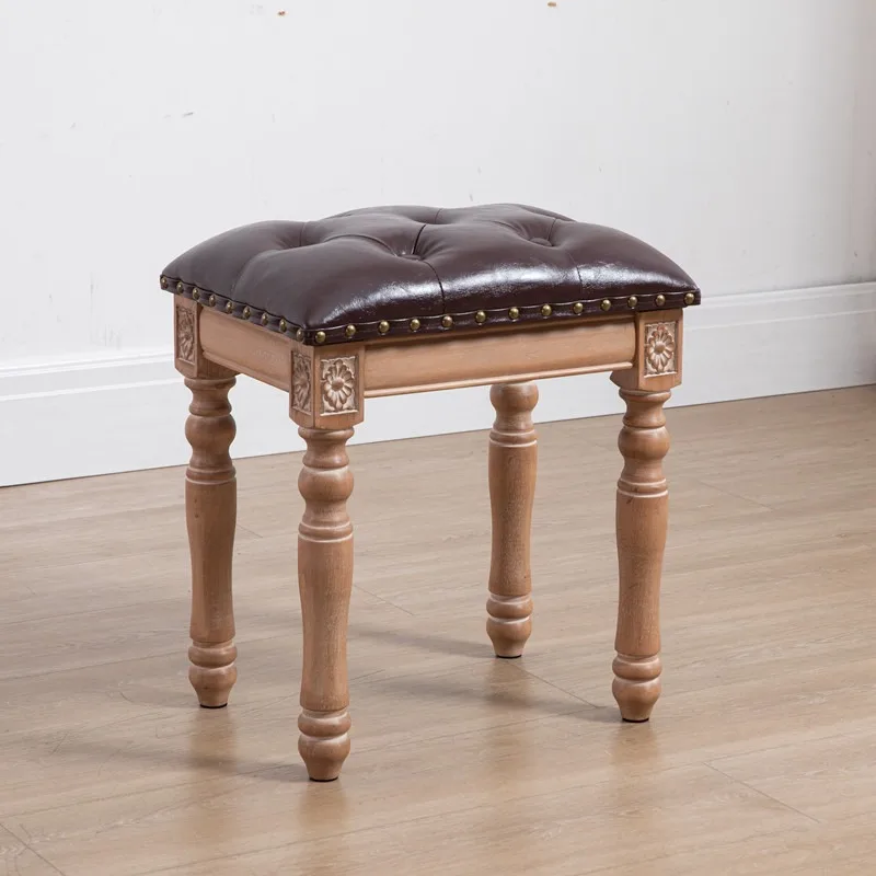 American light luxury dressing stool solid wood princess  fitting rooml nail leather stool simple square  retro m
