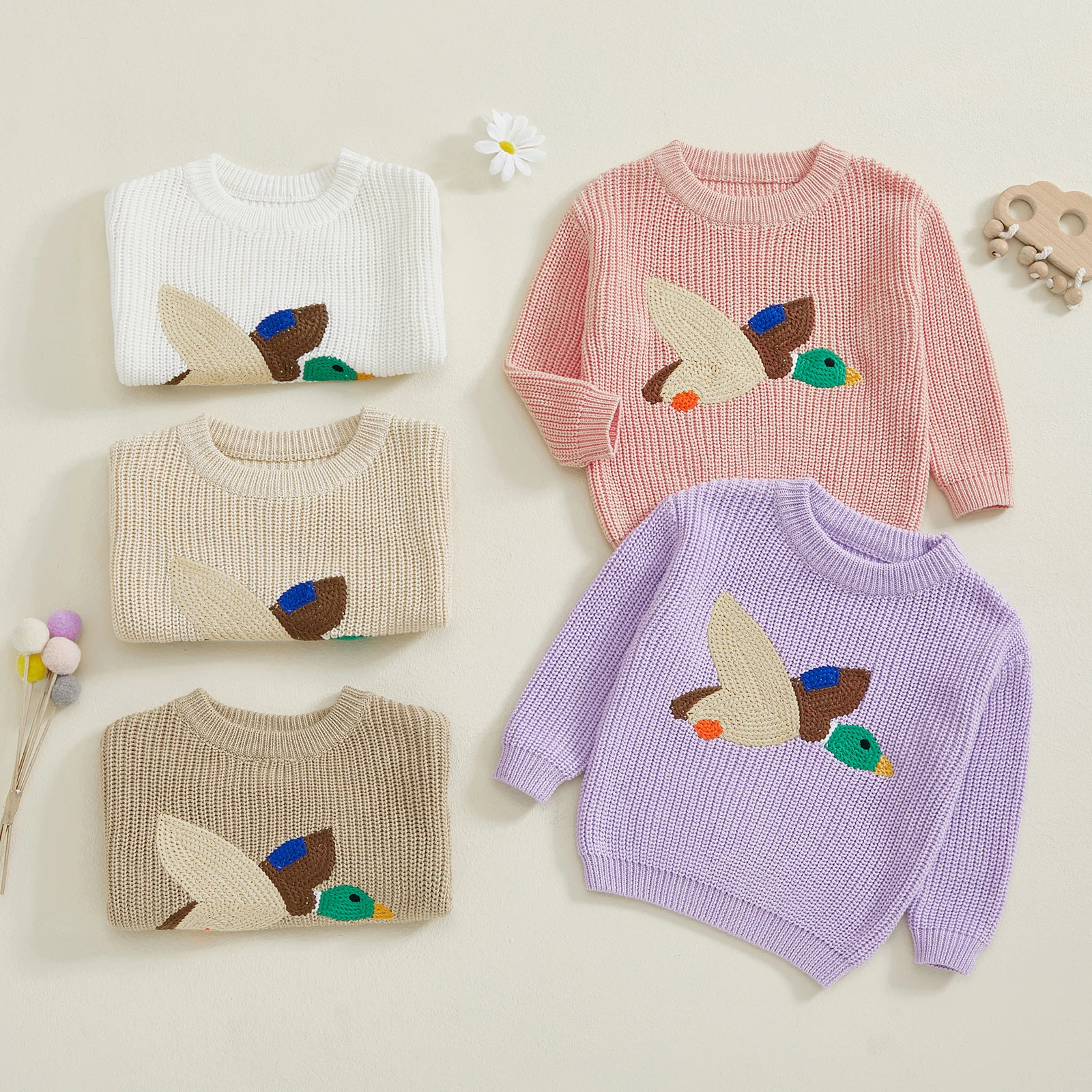 FOCUSNORM 0-3Y Infant Baby Girls Boys Sweater Outwear 5 Colors Casual Duck Embroidery Warm Knitted Long Sleeves Knitwear