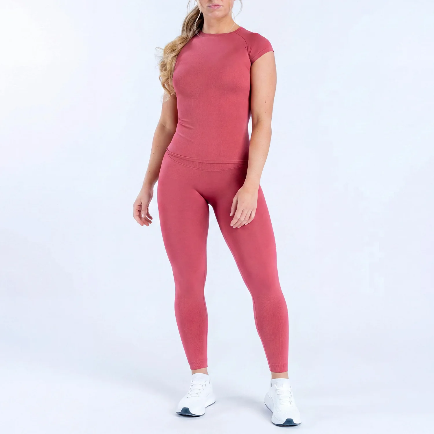 WAREBALL Damen 2-Teiliges Nahtloses Fitness-Outfit Kurzarm-Oberteil Hochgeschnittene Leggings Gym Workout Sportbekleidung Yoga-Set – Detail 5