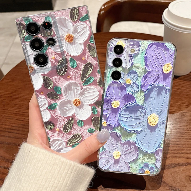 Ölgemälde-Blumendruck Handyhülle für Samsung Galaxy S26 S25 S24 S23 Ultra S22 Plus S24 S21 FE S25 Edge Transparente TPU Weiche Schutzhülle