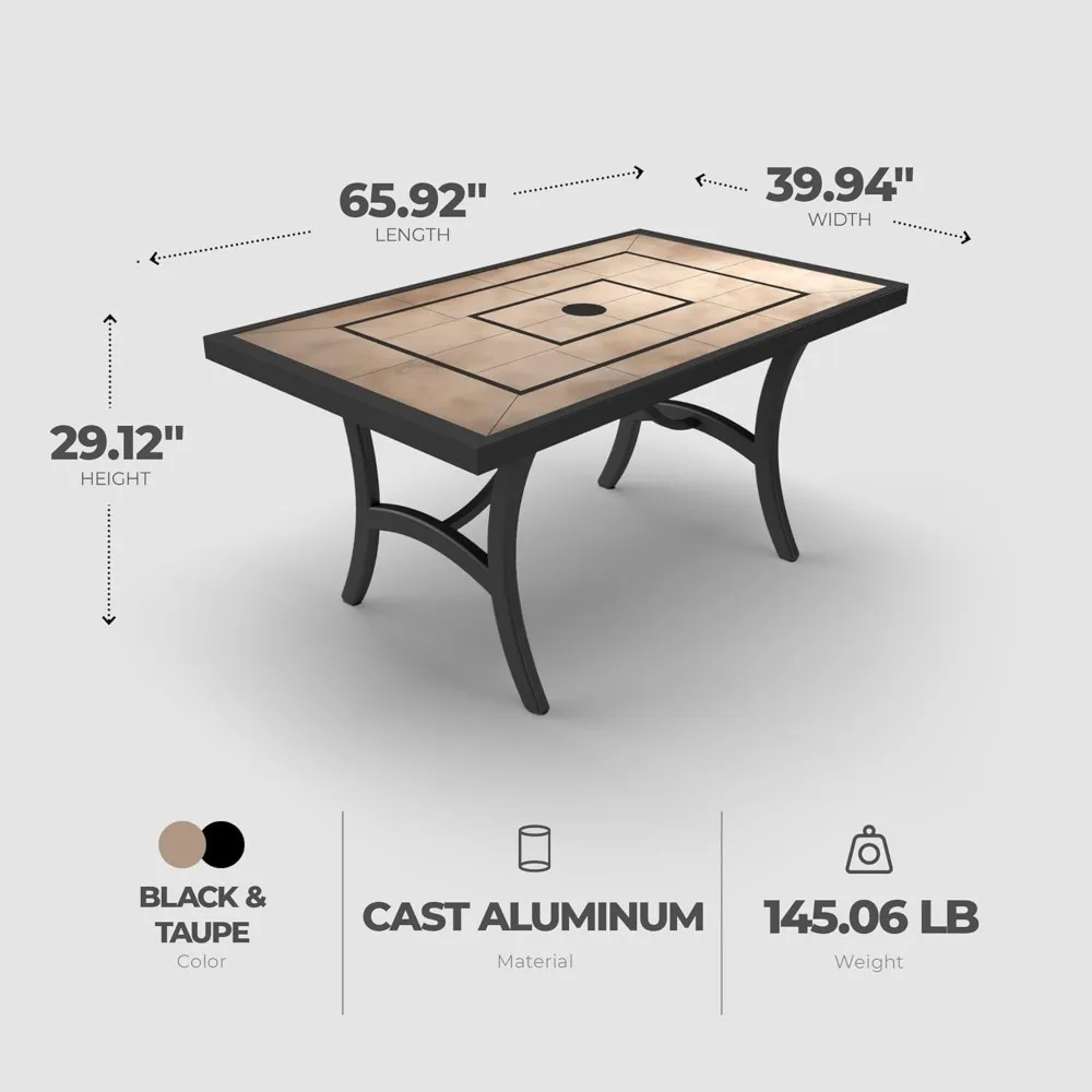 Highland-mesa de comedor Al aire libre, 40 por 66 pulgadas, con azulejo de aspecto de madera lechada y marcos de aluminio fundido, negro/marrón