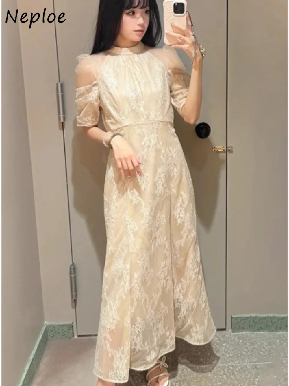 

Neploe High Waist Heavy Stand Collar Puff Sleeve Dress Fresh Lace Off Shoulder All-match Voile Robe Japan Sweet Slim Vestidos