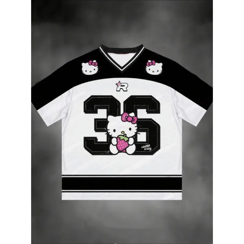 

Summer Hello Kitty NO.36 Baseball T Shirt Sportswear Women Men V-neck Loose Casual Lightweight Breathable Women Streetwear Top