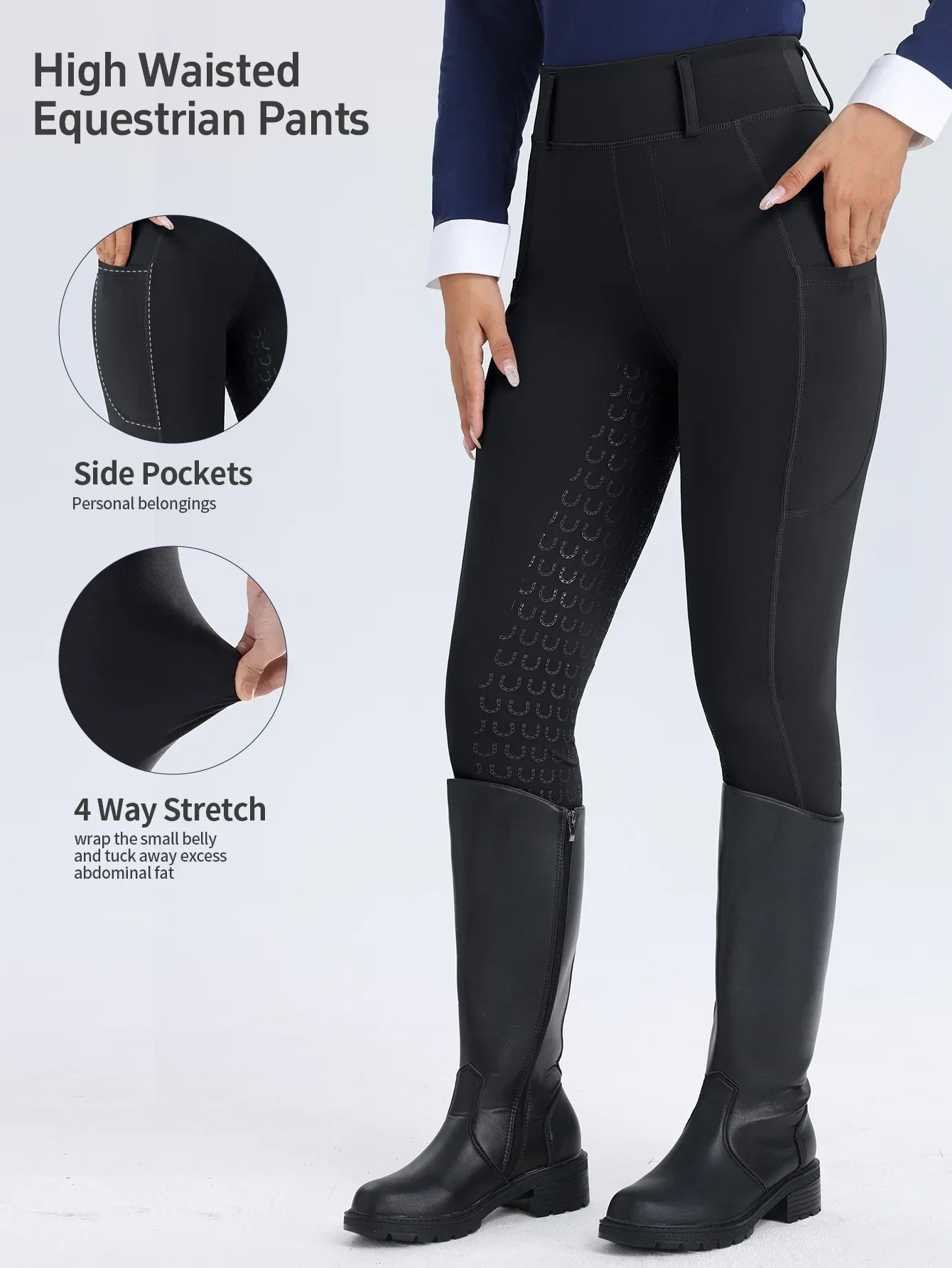 Women High Waist Horse Riding Breeches, Full Seat Silicone Anti-slip Wear-resistant Riding Pants with Pockets