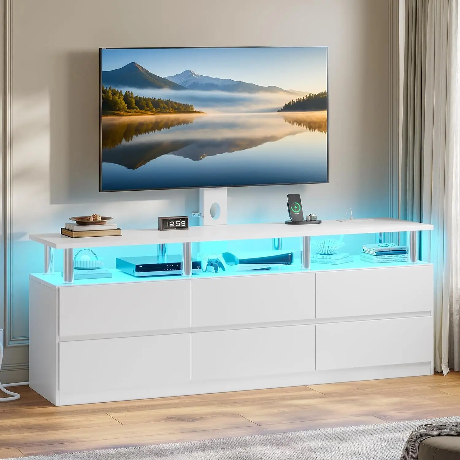 White LED TV Stand with Mount & Power Outlet for 70 Inch TV, 6 Drawers Entertainment Center for Living Room Bedroom, Customized