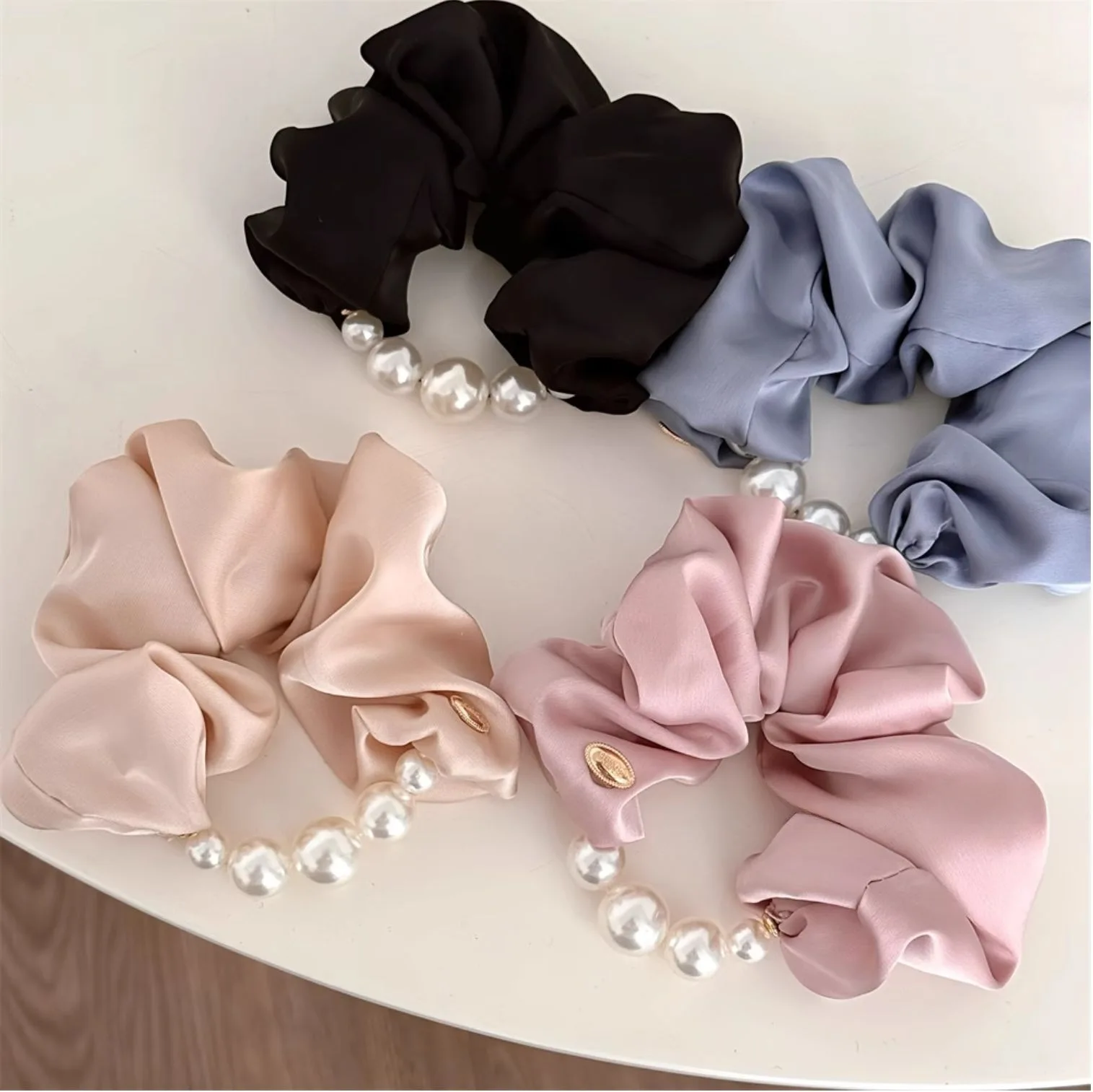 1PC Creamy Seablue Satin Hair Ring with Pearl Edge Han Style Elegant Low Ponytail Travel Hairband for Women