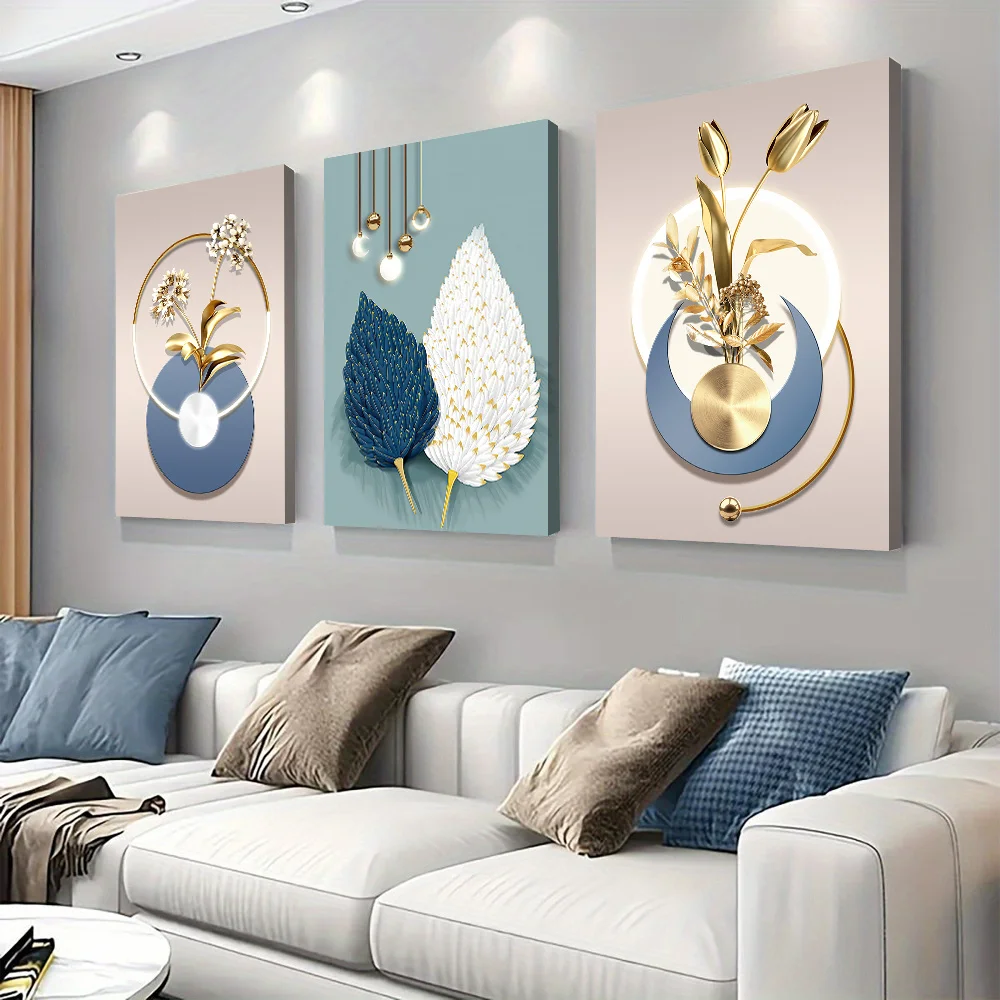 3-piece set of modern luxury gold floral decoration paintings, living room foyer background wall frameless hanging paintings, si