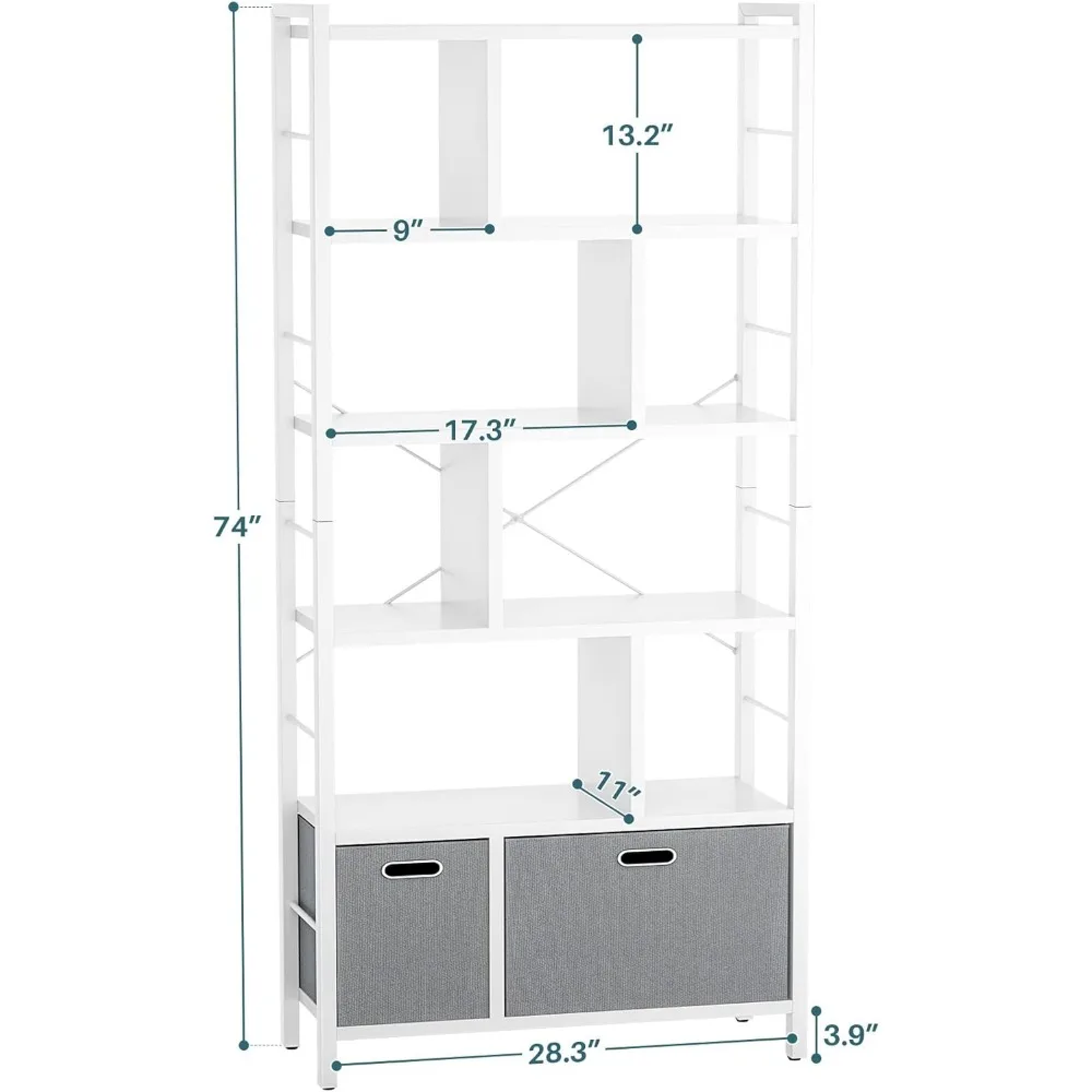 引き出し付きの背の高い本棚、モダンな本棚ディスプレイ、収納ユニット、6段の本棚、74インチ