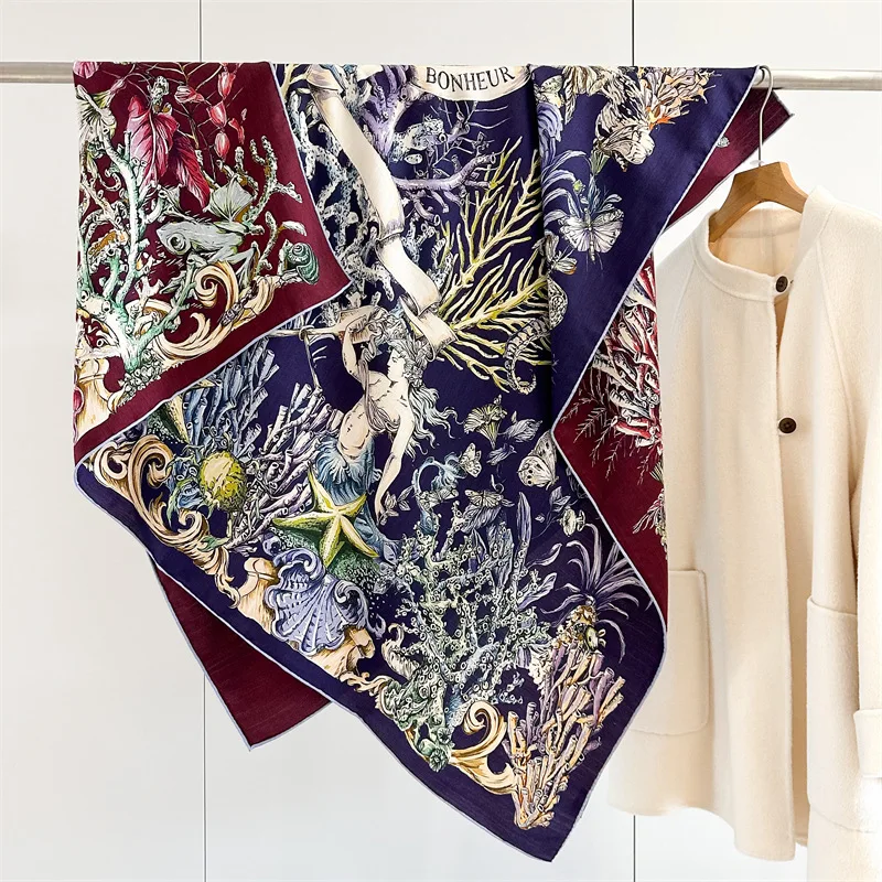 Winter Soft Scarf Double-Faced Printed Shawls Silk Wool Hand-rolled Edge Scarves Square Large Bandanas Shawls Christmas Gift