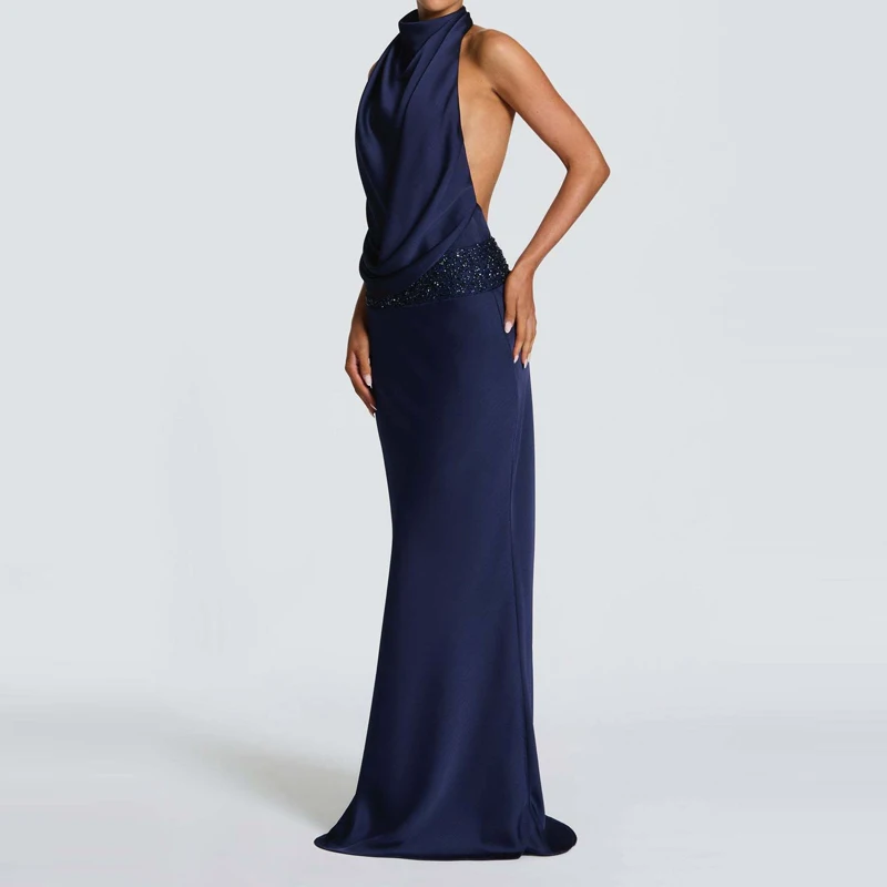 فستان سهرة مثير بدون ظهر من الساتان بطيات موضة فستان ذيل السمكة من الدانتيل الصلب فستان صيفي جديد مزين بالترتر فستان حفلات الورك النحيف