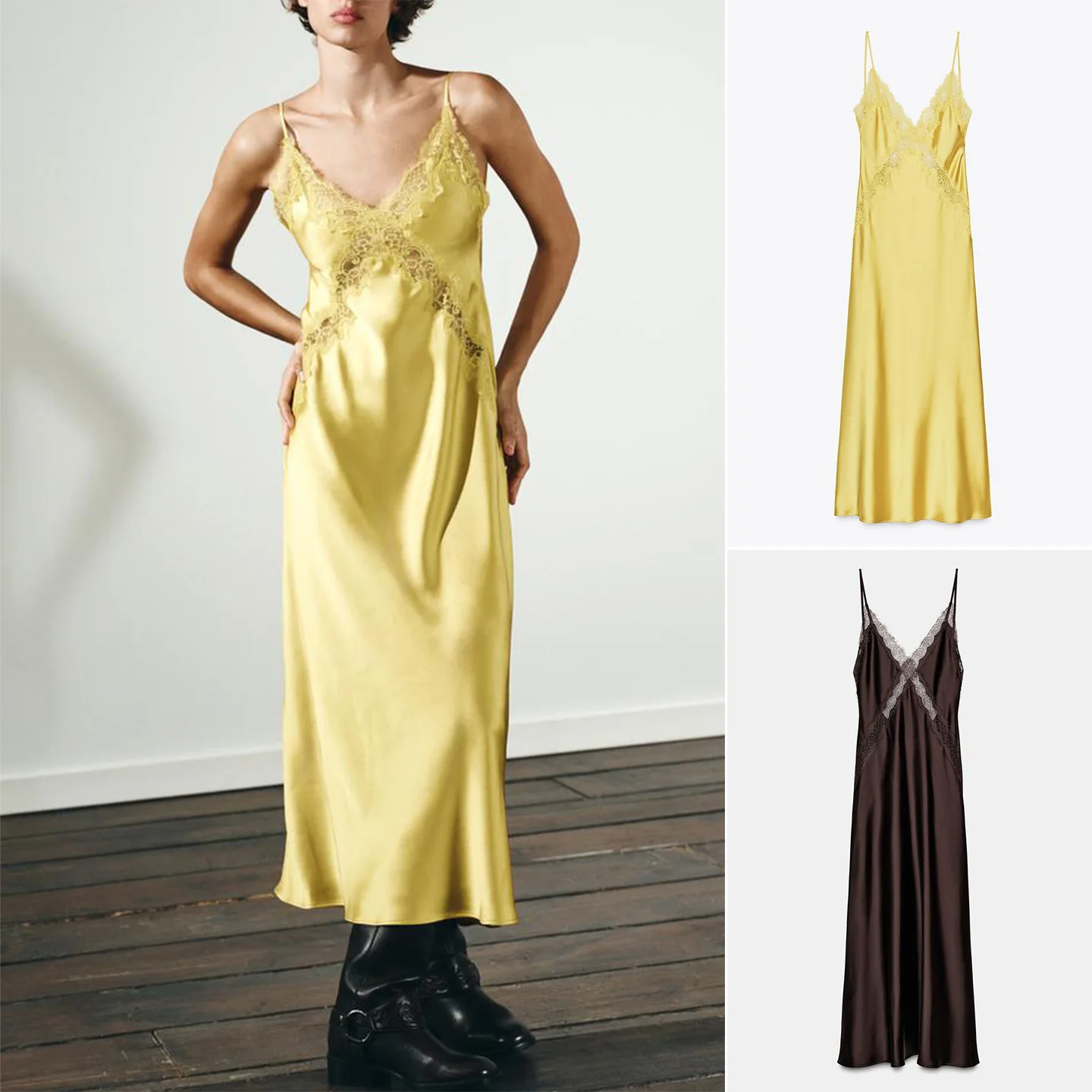 Hiver nouveauté femmes décontracté Sle Strapl soie Satin sensation Midi Dr fibre de Polyester No Sve v-ne coupe ajustée