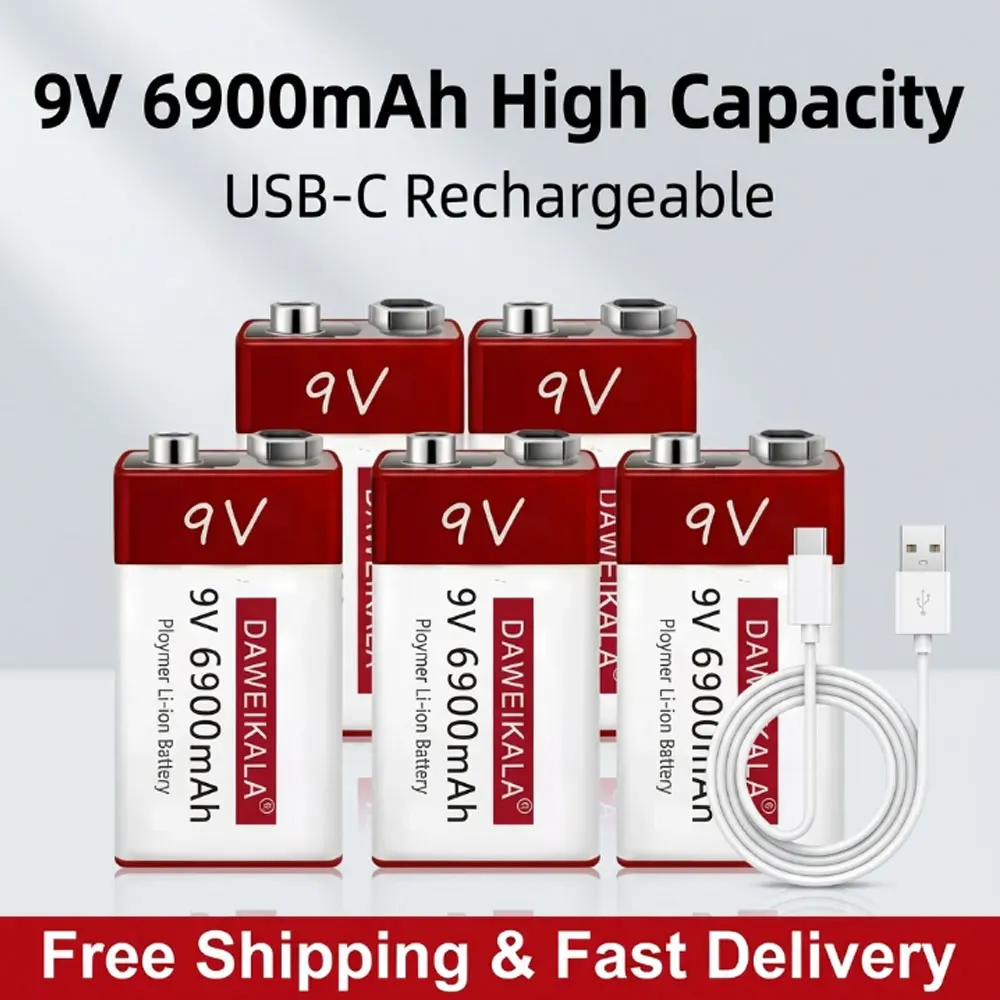 

Type-C USB 9V 6900mAh Rechargeable Li-ion Battery for Multimeter Microphone Metal Detector Long Lasting with Charger Cable