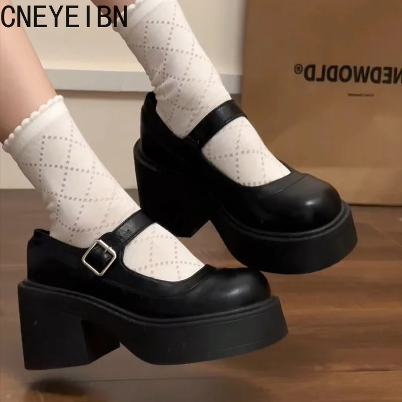 Spring Autumn Platform Thick Bottom Women Mary Jane Shoes Black y2k Heel Round Toe Shoes Elegant Party Leather Dress Shoes view 5