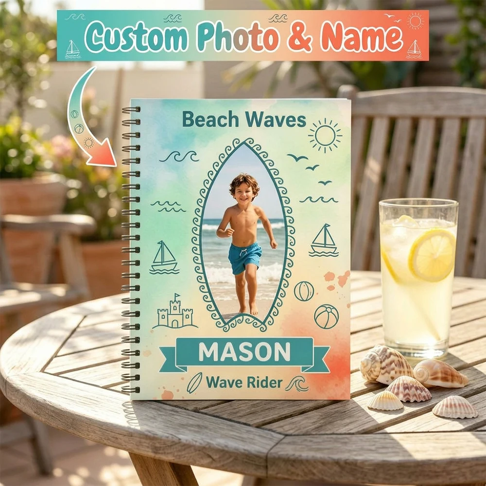 Custom Personalized Photo Name Spiral Notebook,Watercolor Summer Ocean Style,Back To School,Birthday Gift,School Daily Note Taki