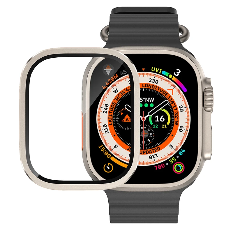 Casing bingkai logam campuran Titanium + Film Tempered, untuk Apple Watch Ultra 49mm pelindung layar cakupan penuh untuk iWatch Ultra 49mm