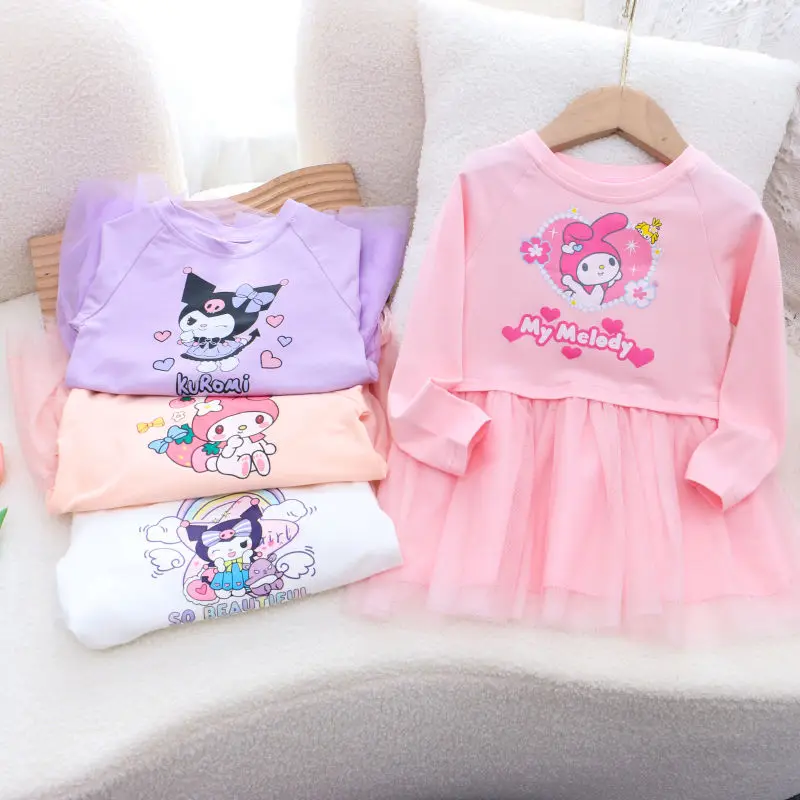 Cartoon Sanrioed Kuromi Mädchen Reine Baumwolle Langarm Kleid Kawaii My Melody Süße Prinzessin Rock Kinder Mode Gaze Kleid Geschenk