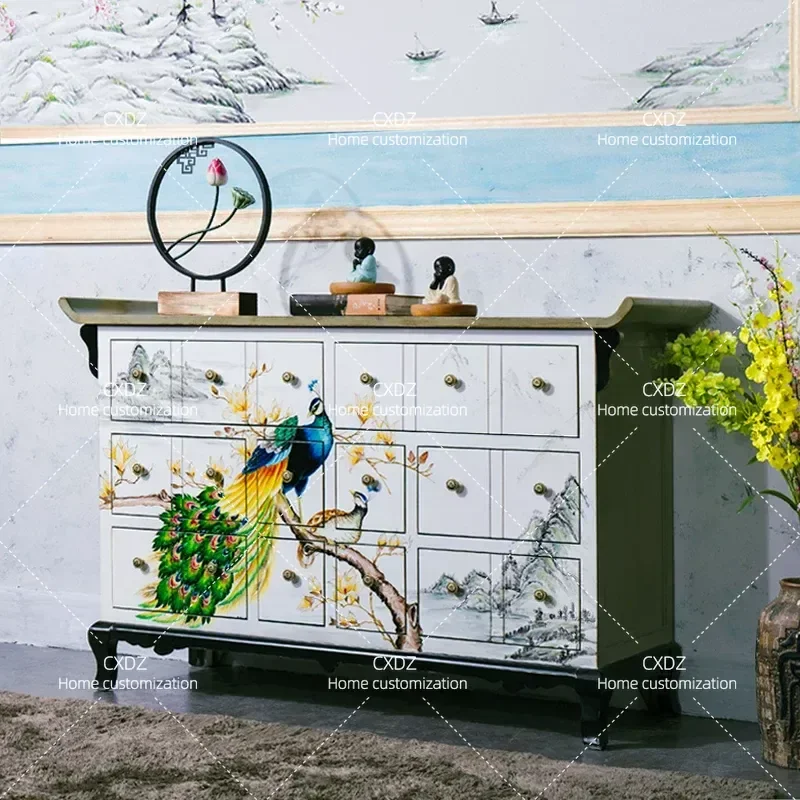 Hand Painted Neoclassical Entryway Cabinet for Living Room Villa Decoration Economic Storage Sideboard Console Table
