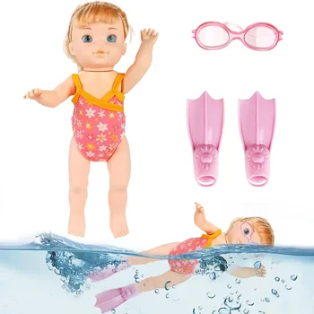 Swimming baby doll with swim fin and goggles, battery operated swimming doll with movable joints, waterproof bath toy bathtub