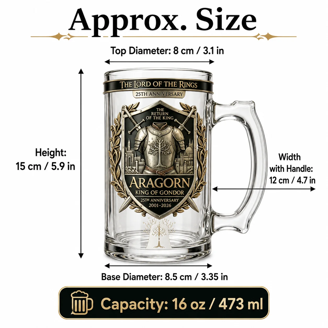 The Lord of the Rings Aragorn King of Gondor 25th Anniversary Beer Mug, LOTR The Return of the King Glass Stein, Home Decoration - view 3