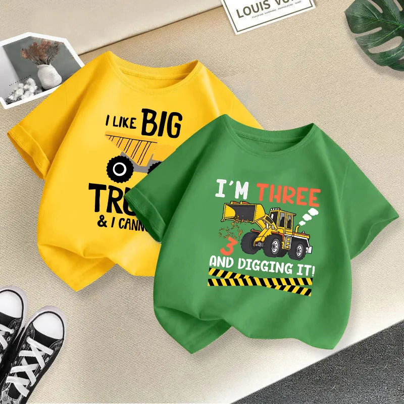 2024 Children Cute Excavator T-Shirt Combination Cartoons Bulldozer Tee Shirts Kawaii Kid Casual Clothes Girl Boy Harajuku Tops