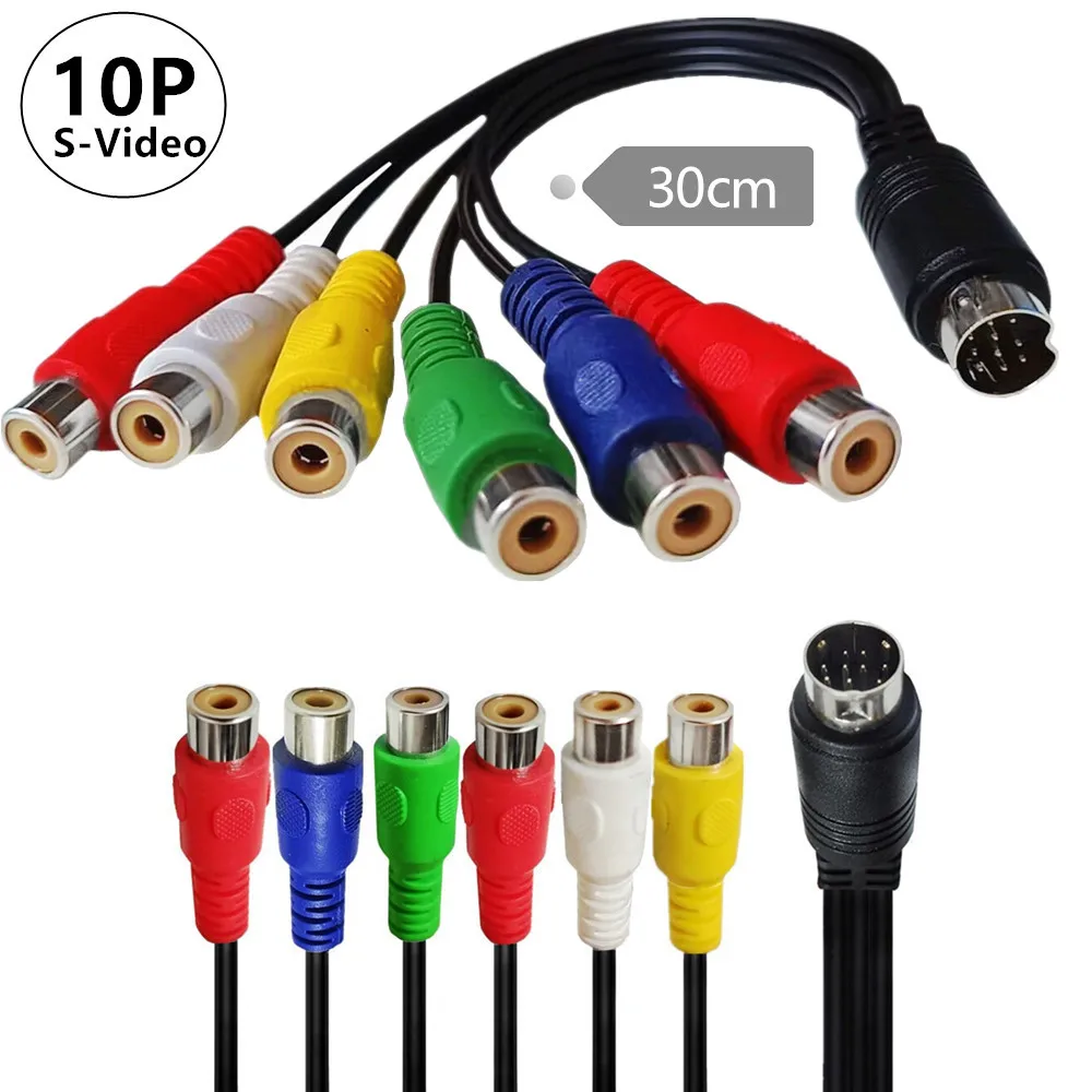 10 Pin Audio and Video DIN Cable  S-Video 10Pin to 6RCA Female Cable - RGB Component and Composite  0.3m