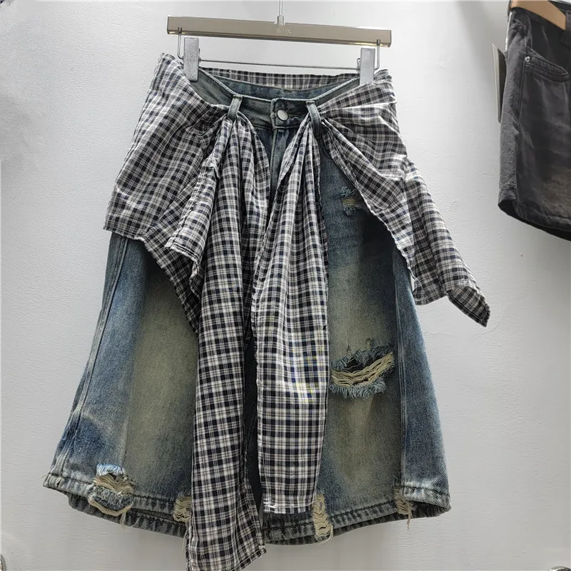 

American Ripped Denim Short Jeans Women's Summer Thin High Waist Loose Fake Two-piece Butt Curtain Wide-leg Half-length Pants
