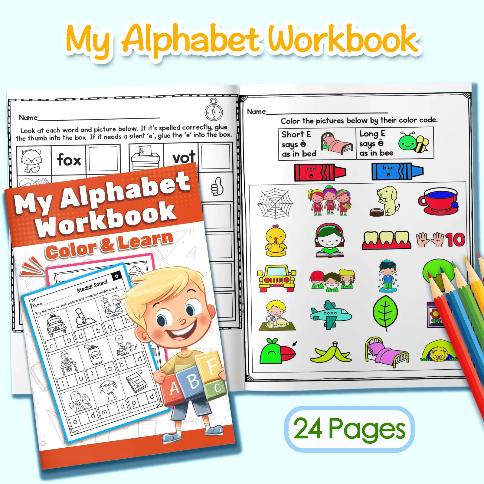 English Words Coloring Book for Kids, Cute Cartoon Patterns, Preschool Early Learning Activity Book, Fun English Learning