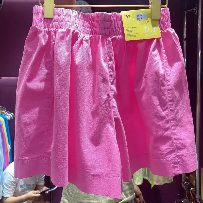 Shorts femininos de cintura alta cor doce, casual de rua, calças curtas com rotulagem de pernas largas, amarelo neon, coreano, verão, B824