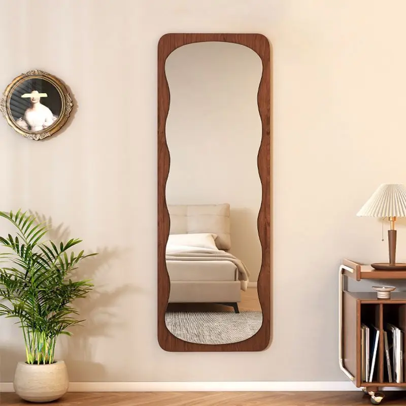 

Modern retro wooden frame bedroom home decoration floor mirror, irregular full-length standing waveform dressing ornament