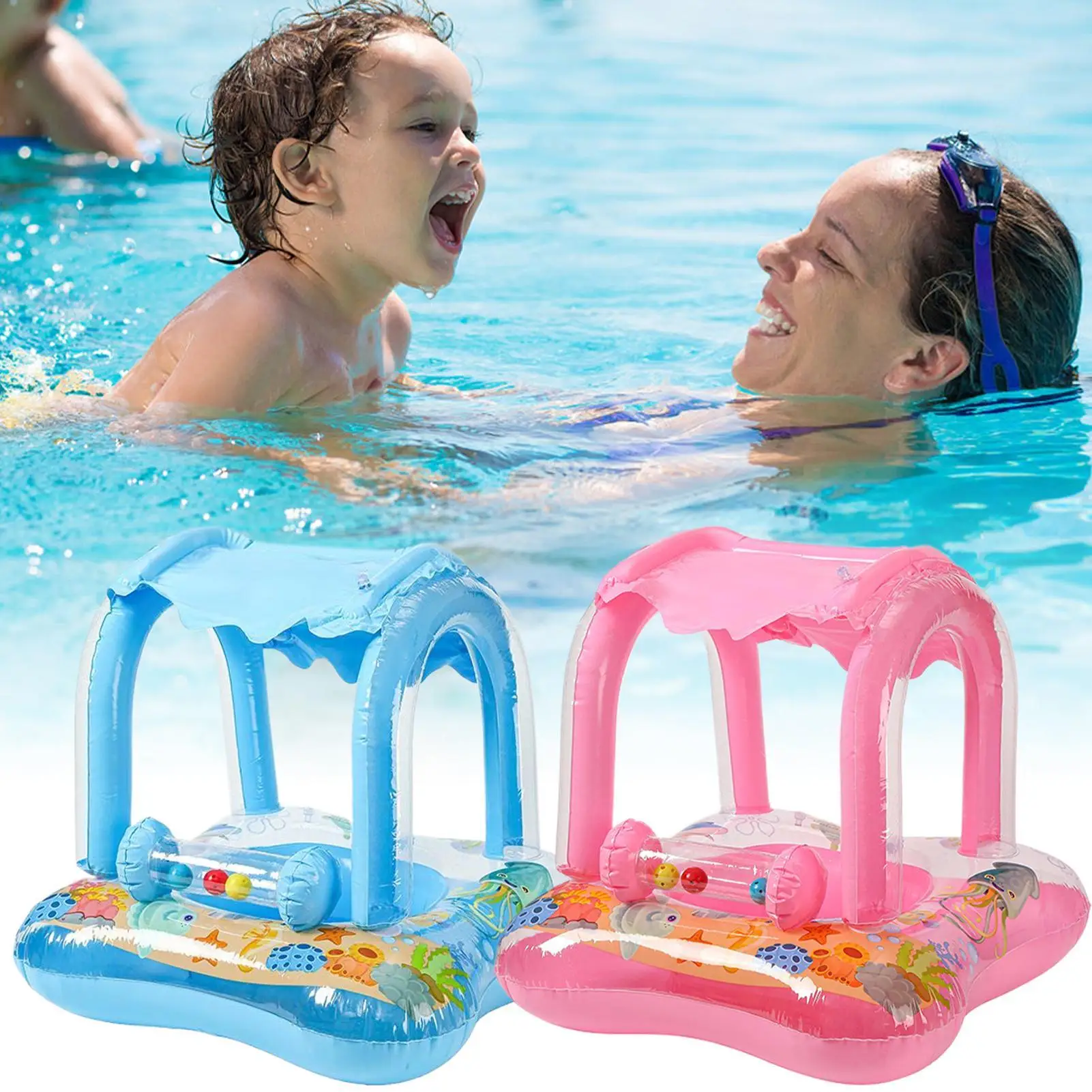 

Baby Pool Float Inflatable Toddler Beach Toy Baby Cartoon Float With UV Protection Shelter For Boys Girls Outdoor Water Play