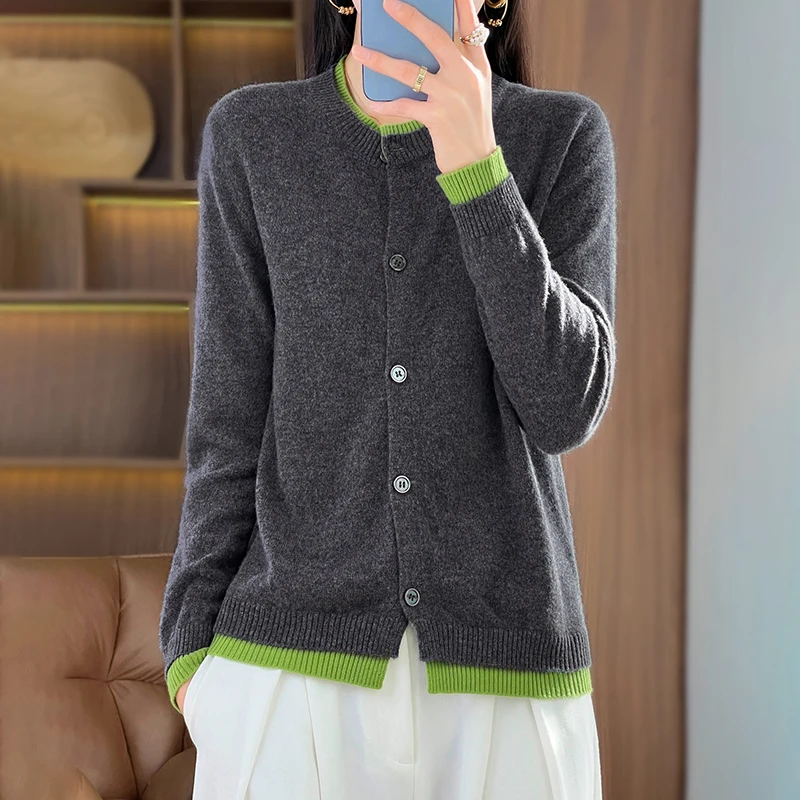 Cardigan de mistura de lã de cashmere YSC para mulheres, cardigan de malha, manga comprida, encaixe solto, colarinho falso de 2 peças, alta qualidade, modelos novos