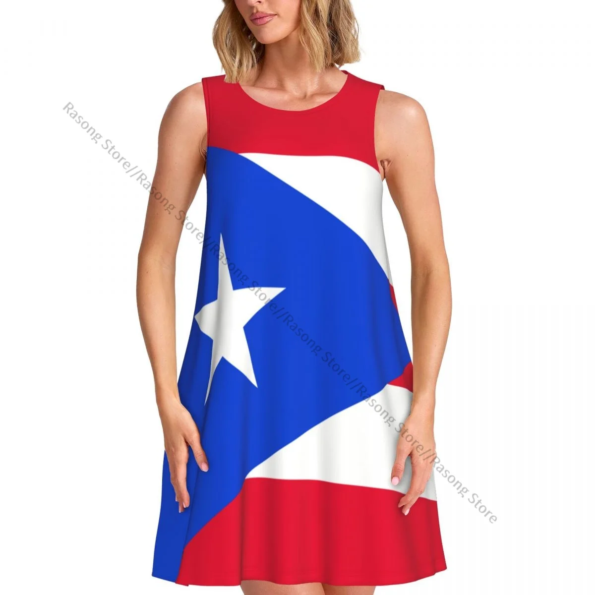レディース サマーカジュアル Tシャツワンピース ビーチカバーアップ プエルトリコ国旗 タンクワンピース