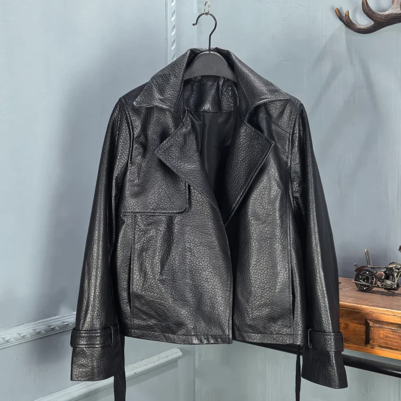 

Spring 2026 Faionable Lamb Leather Jaet Women's Loose Sli Stand Collar Bubble Skin Coat Long Sve Regular Length