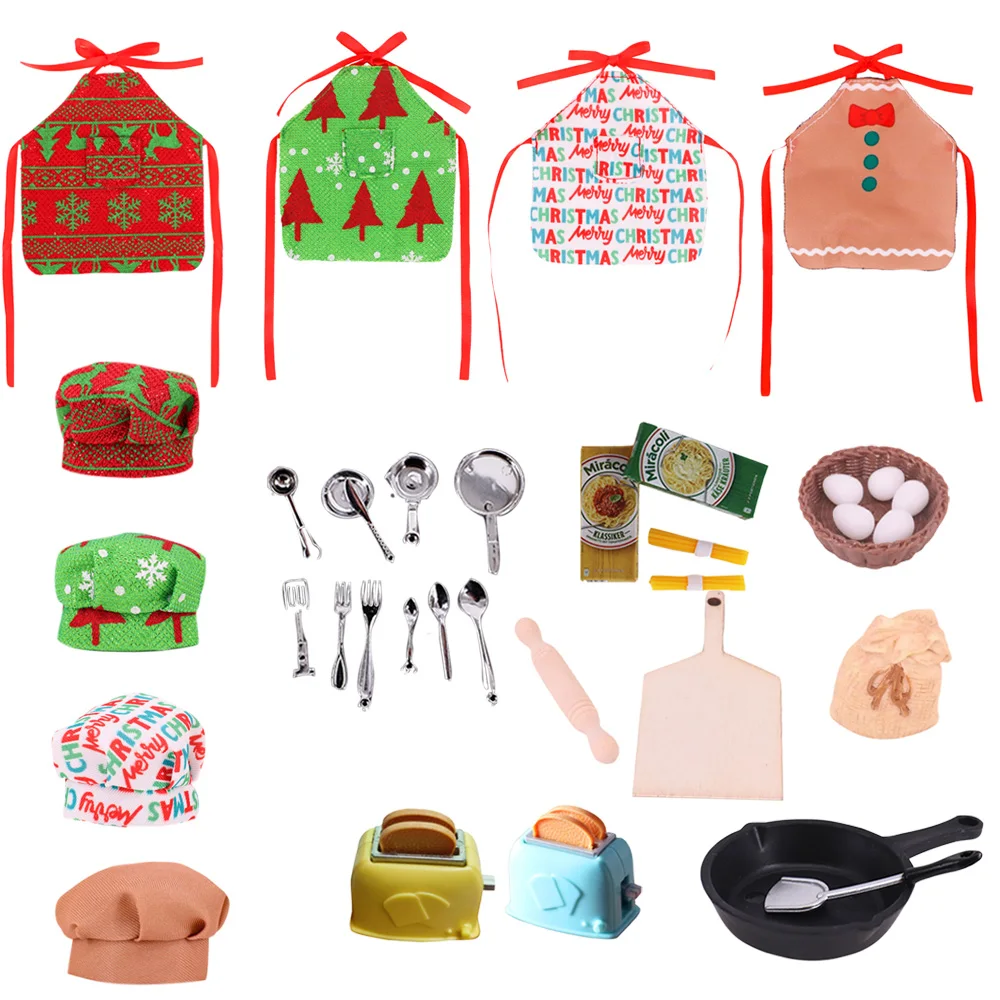 ชุดเครื่องครัวของเล่น หมวกเชฟ ผ้ากันเปื้อน อาหารจิ๋ว ของเล่นทำขนม อุปกรณ์ประกอบฉากสำหรับบ้านตุ๊กตา สำหรับตุ๊กตาขนาด 30 ซม. ตุ๊กตาสปิรท์ และตุ๊กตาบาบี้