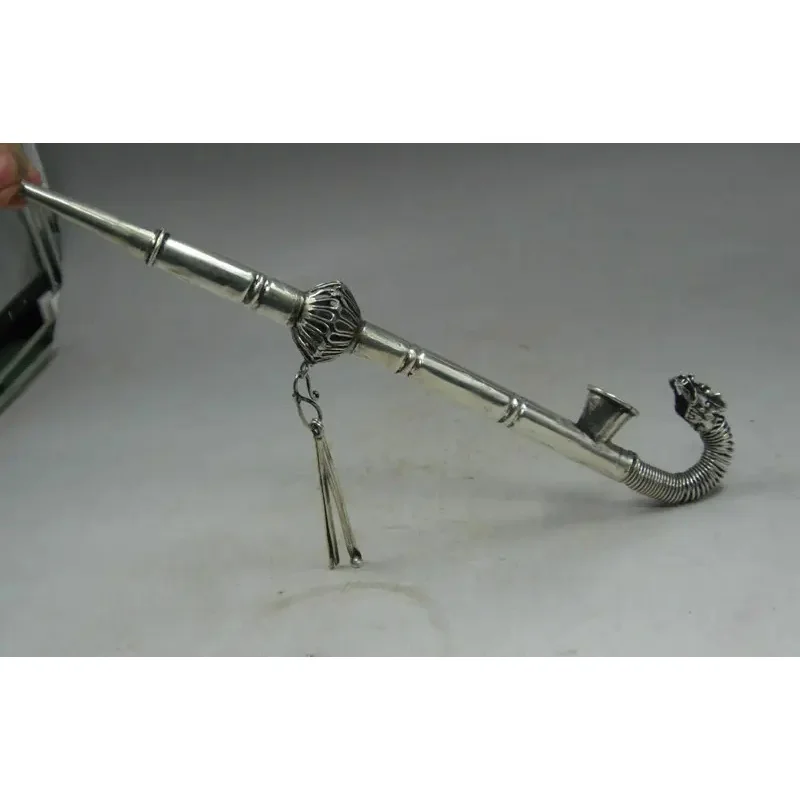 Chinese Collectible Old Tibetan Silver Handwork carved Dragon Smoking Tool pipe