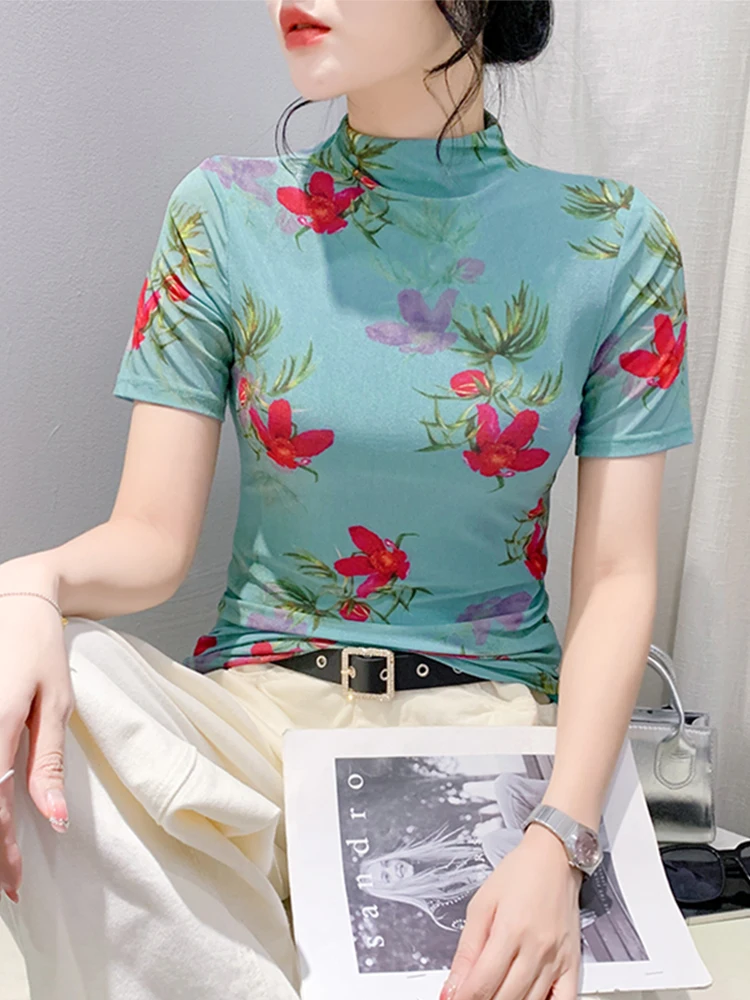 #7264 Floral Printed Mesh T Shirt Women Thin Sexy Skinny Vintage Short T-shirt Female Round Neck Streetwear Tshirt Short Sleeve image 4