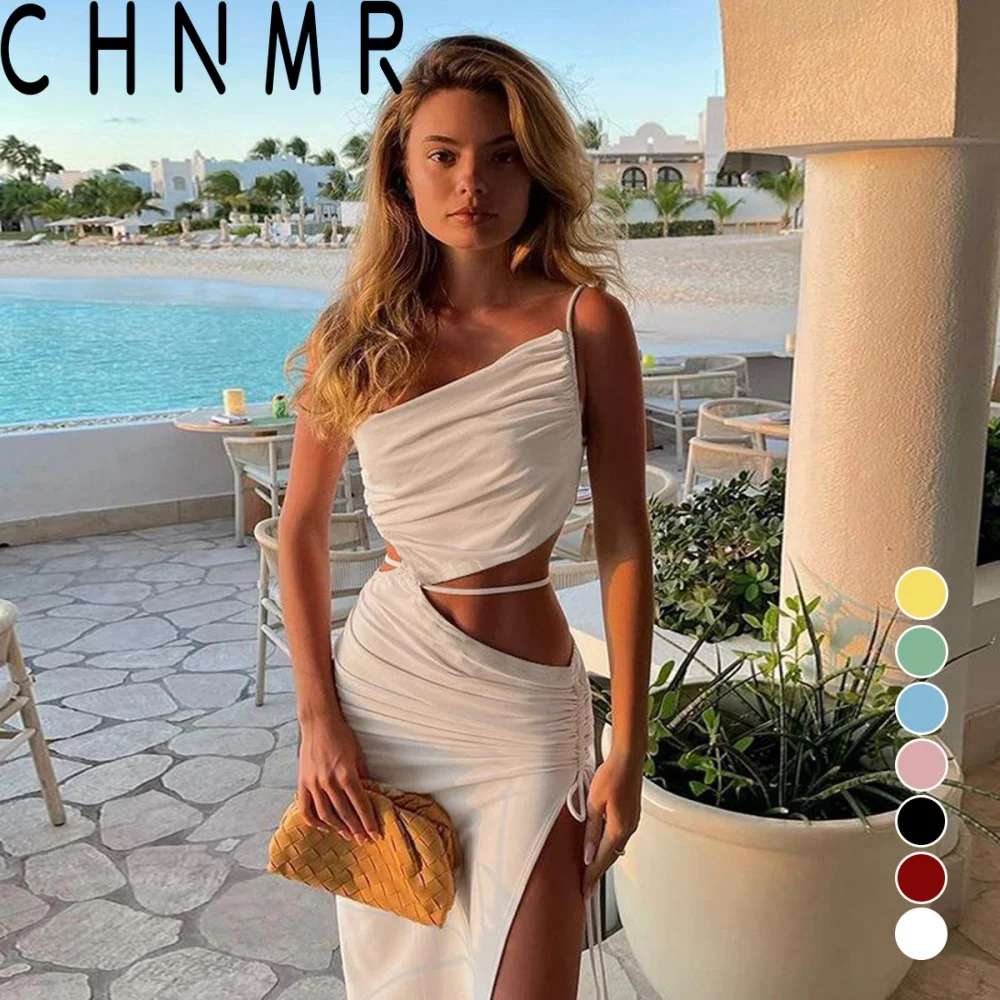 CHNMR – robe longue élégante et irrégulière pour femmes, tenue d'été sexy avec cordon de serrage et plissée, tenue de vacances, vêtements féminins neufs