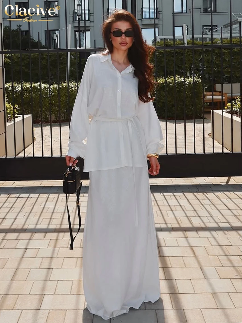 

Модный свободный белый хлопковый женский комплект Clacive из двух предметов 2026: элегантная рубашка с длинным рукавом и юбка макси с высокой талией