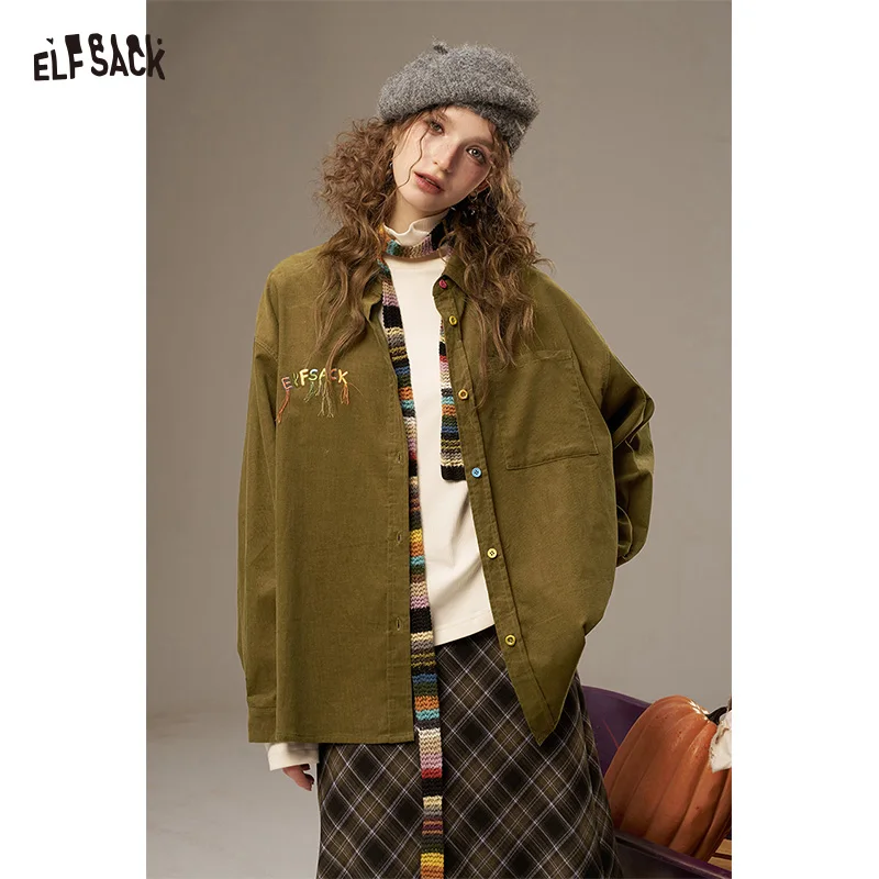 ELFSACK 2025 Autumn New Arrivals Casual Colorful Buttons Colorful Letter Pattern Large-Capacity Pocket Shirt For Woman