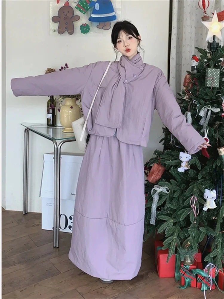

Unique Women's Fashion Ensemble Long Sleeve Cotton Jacket And Midi Skirt Set Purple down Jacket Outerwear Autumn Wear Casual