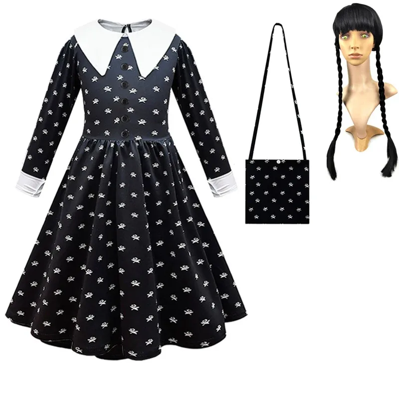 

Детские костюмы на Хэллоуин Nene 2025 для девочек, семейное платье Аддамс Morticia для косплея, комплект с париком и сумкой, черные наряды, карнавальный готический C