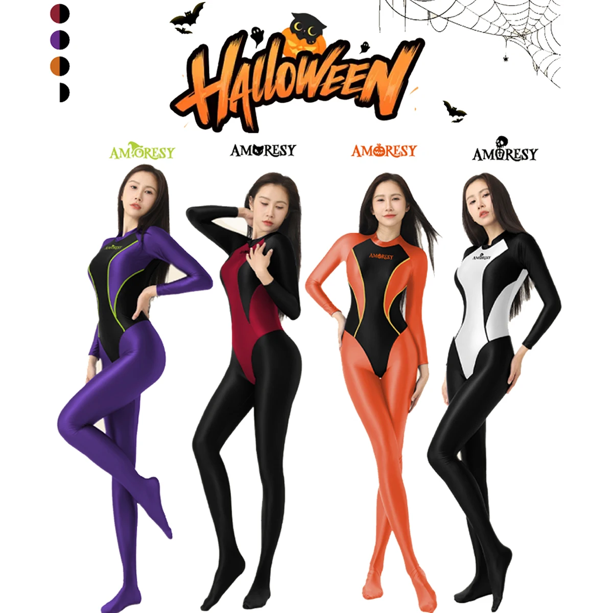 AMORESY Halloween Series Glitter Satin High Elastic Surfing Diving Swimwear Jumpsuit Bodysuit Playsuit Catsuit Clubwear Cosplay