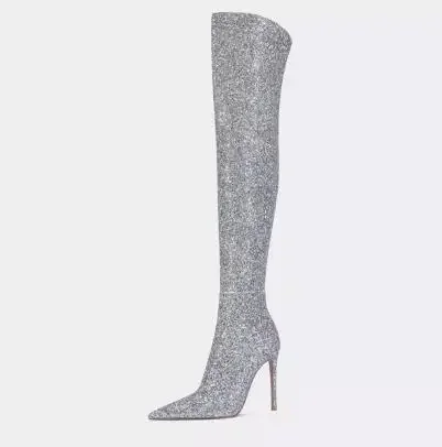 New Fashion Ladies Gold Sliver Bling Sequined Hidden Zipper Pointed Toe Slim Over The Knee Boots Women Sexy Thigh Long Botas