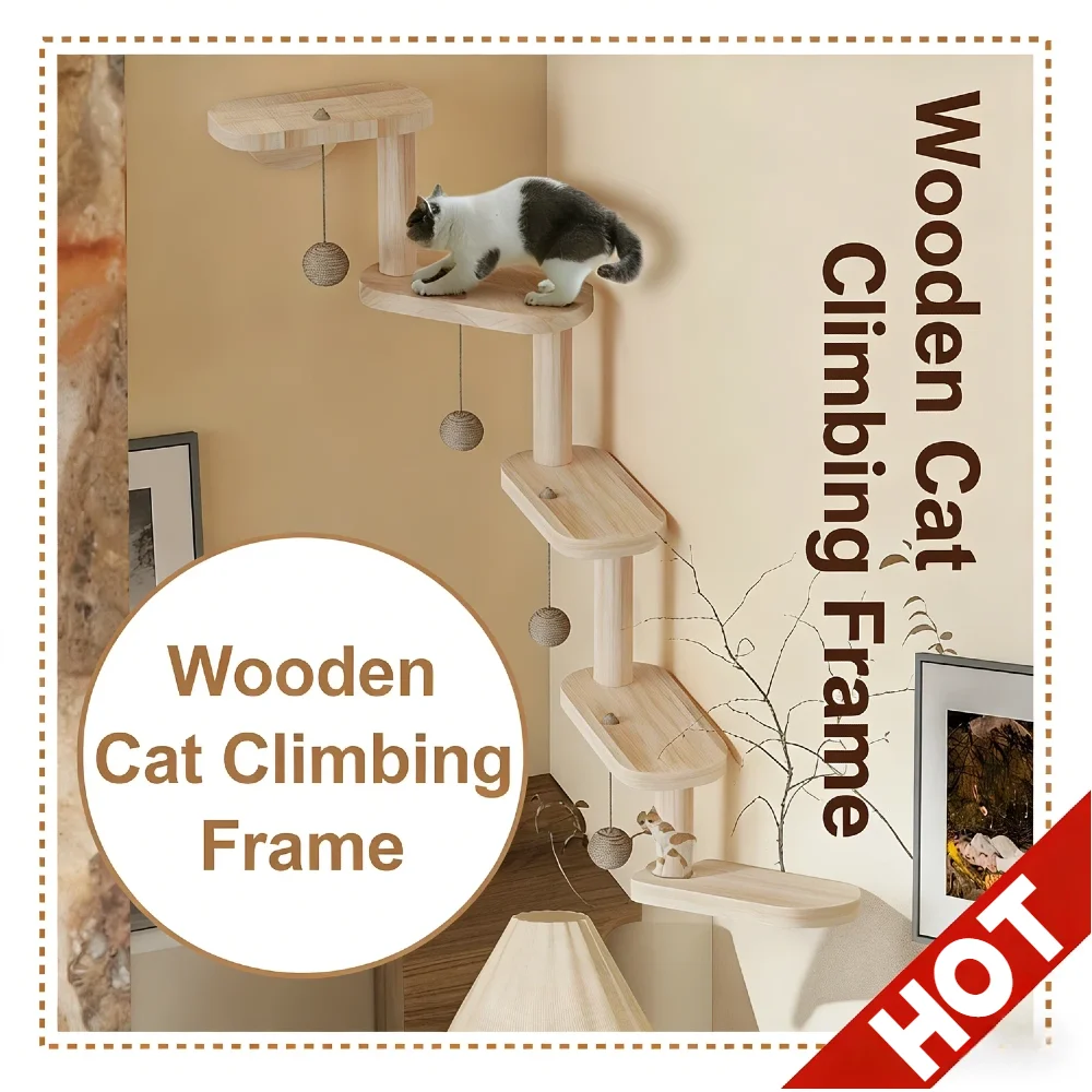 

Wall Mounted Cat Climbing Shelf 5 Step Wooden Ladder Frame Corner Cat Furniture Sisal Scratch Board 12kg Capacity for Sleeping