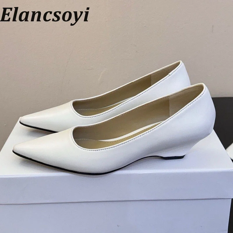 Solid Color Office Shoes Genuine Leather Retro Wedge High Heels Summer New Pointed Shallow Mouth Office Commuting High Heels