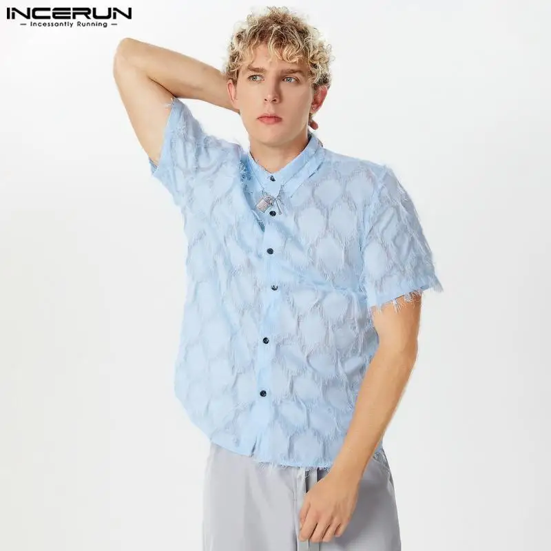 

INCERUN Men Shirt Tassel Transparent Lapel Short Sleeve Streetwear Men Clothing Summer Loose 2024 Fashion Casual Camisas S-5XL