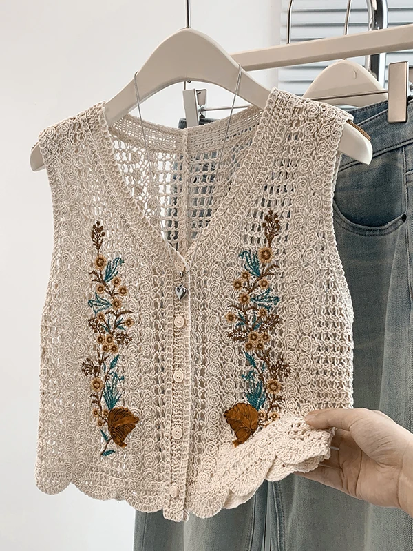 Elegant Embroidered Floral Hollow out V-Neck Short Knitted Vest Women's Sweet Youthful Spring Top Casual Style Cotton Linen B...