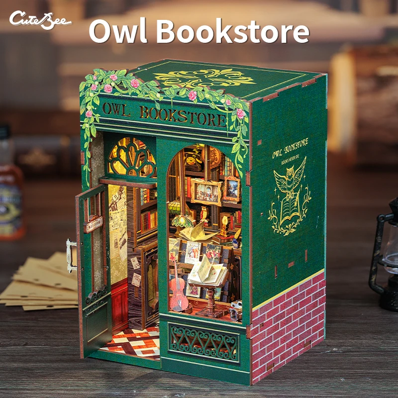 Cutebee Diy Mini Wooden Dollhouse Doll House  With Furniture Light Casa Miniature Owl Bookstore For Toys Birthday Gifts