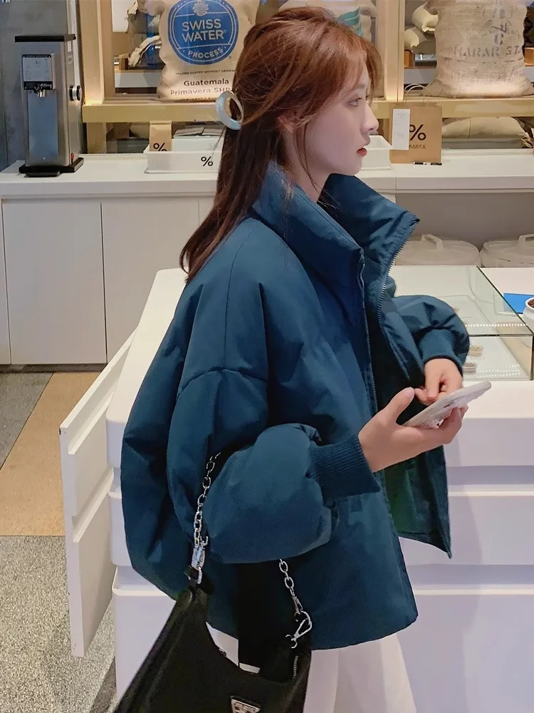 

Синяя утепленная хлопковая куртка для женщин, зимняя, теплая, короткая, в корейском стиле, маленький размер, на молнии, с длинными рукавами