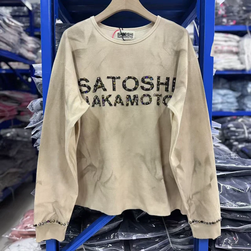 Autumn New Quality Nail Bead Decoration Waffle Fabric Long Sleeved Men Women Round Neck Casual Satoshi Nakamoto T-shirt Tops
